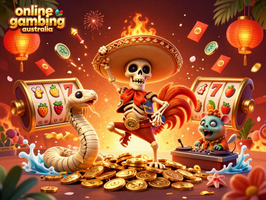 Experience the thrill of online gambling Australia with vibrant visuals of celebratory characters and casino elements.