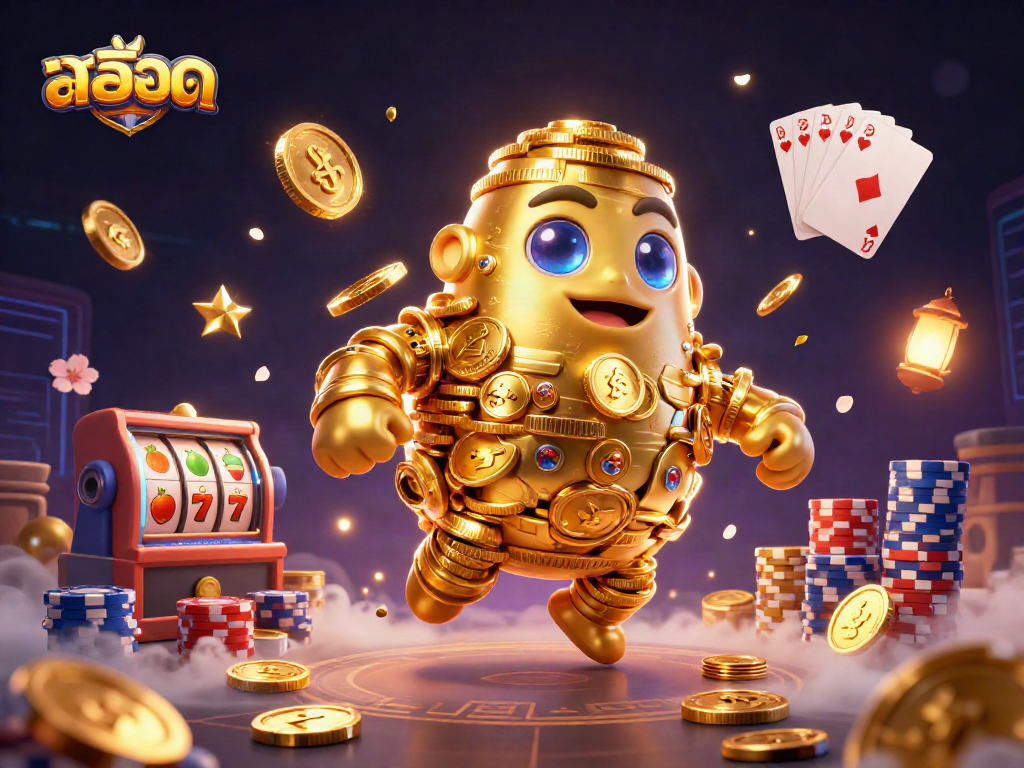 Experience สล็อต gameplay with ancient golden golem, dynamic slot reels, and vibrant casino elements.