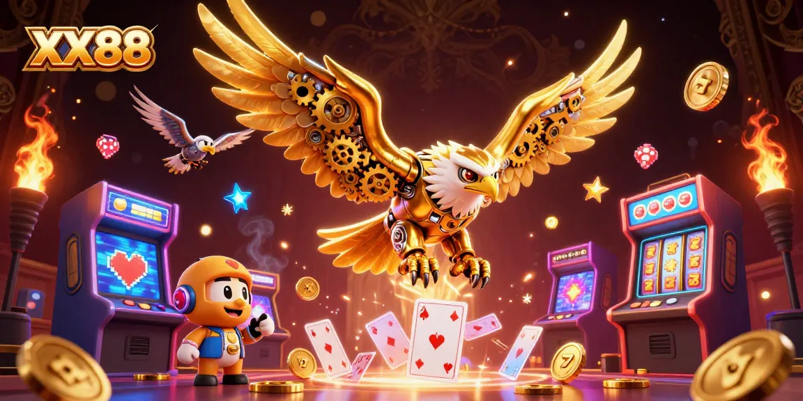 Experience the thrill of XX88 as a golden eagle takes flight through a vibrant casino world.