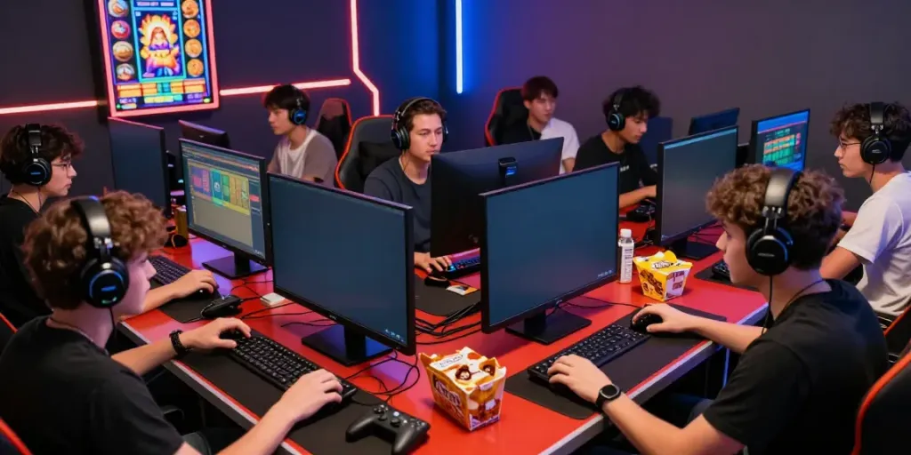 A diverse group of gamers intensely playing akunjp slot machines in a vibrant gaming environment.
