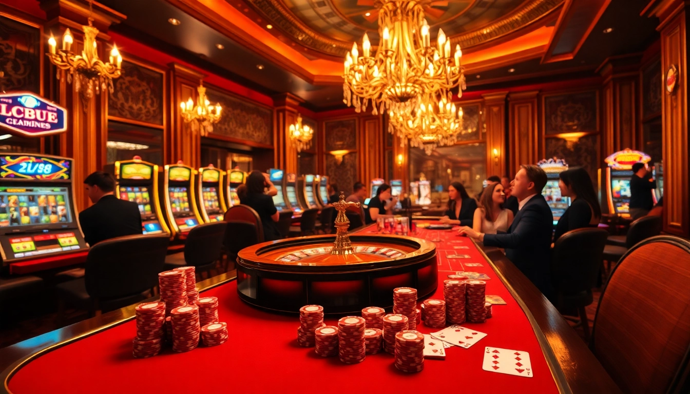 Excited players enjoying high-stakes excitement at LC88 casino with a vibrant roulette wheel and poker chips.