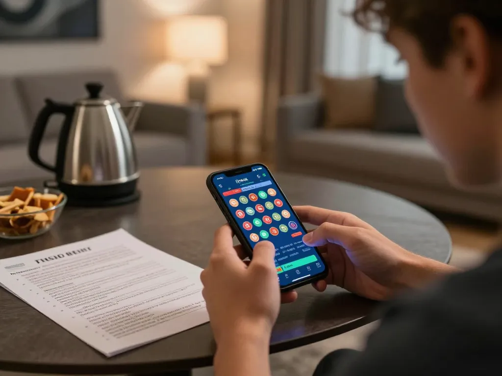 Player using mobile app for toto slot games in a cozy living room, focusing on winning strategies.