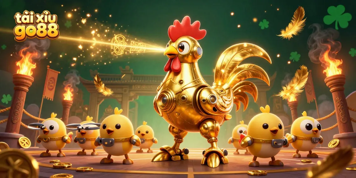 Tài xỉu go88 showcases a vibrant scene with a golden rooster robot and baby chick drones in a dynamic casino setting.