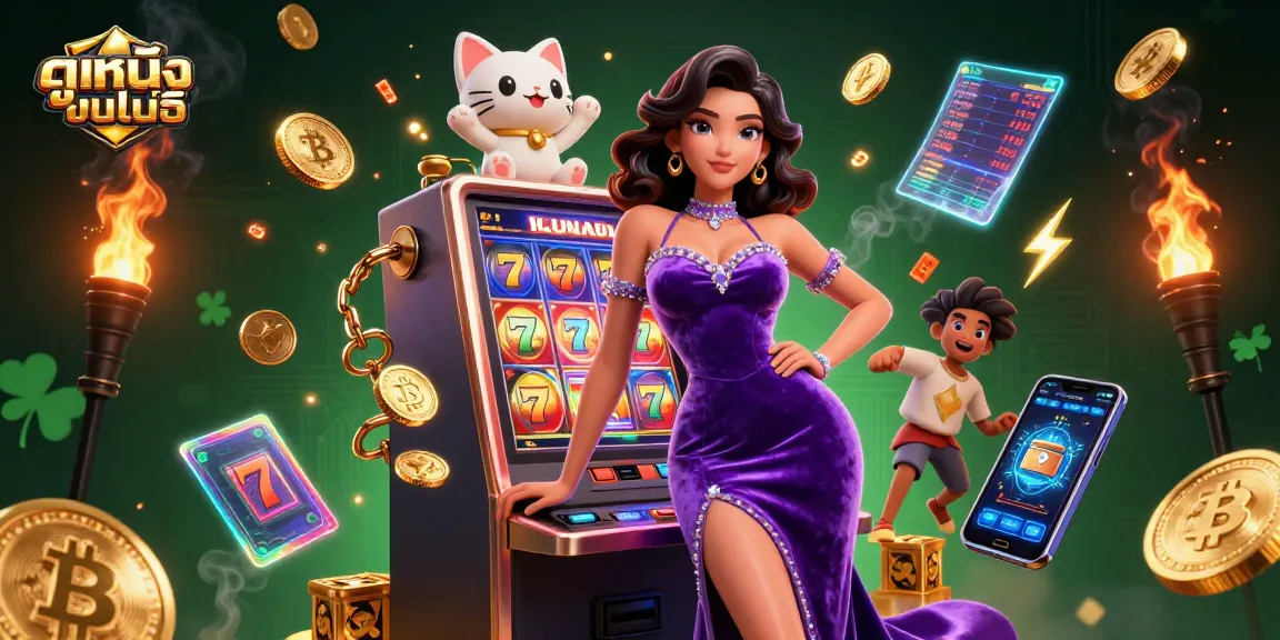 Experience ดูหนังออนไลน์ action with a dazzling woman on a jackpot slot machine amidst erupting coins.