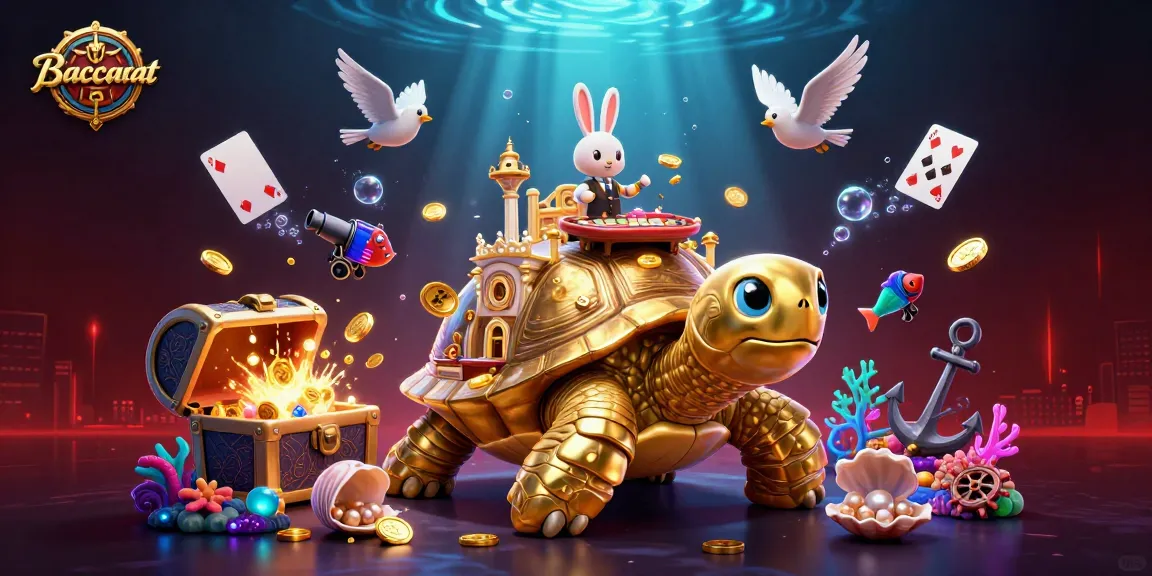 Baccarat game illustration featuring a golden tortoise and rabbit dealer in a vibrant casino scene.