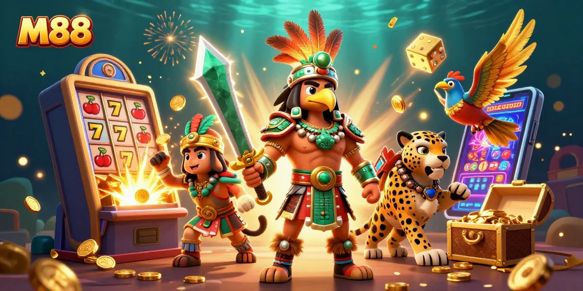 M88 casino warriors celebrating a jackpot with vibrant slot machines and treasure, showcasing dynamic gambling excitement.
