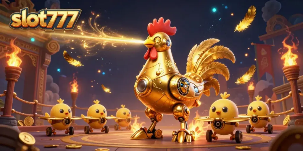 Permainan menarik slot777 dengan robot ayam emas futuristik dan penerbangan drone anak ayam.