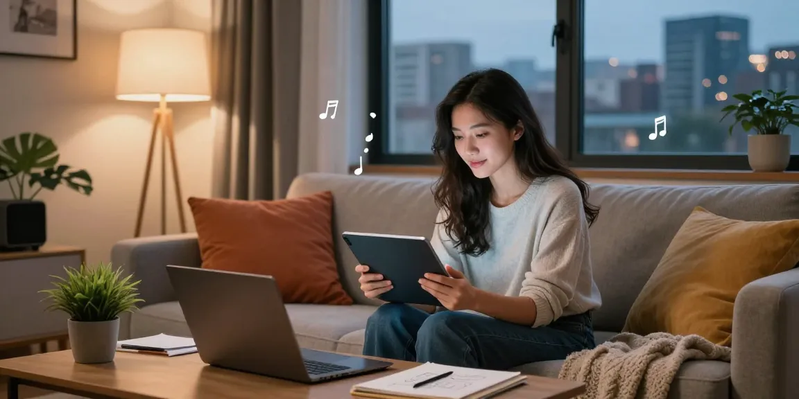 AI girlfriend interaction in a cozy apartment setting with tablet and city view.