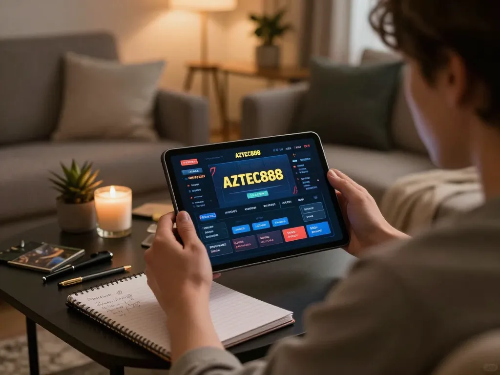 Player engaging with AZTEC888 on a tablet, showcasing responsible online gambling in a cozy home setting.