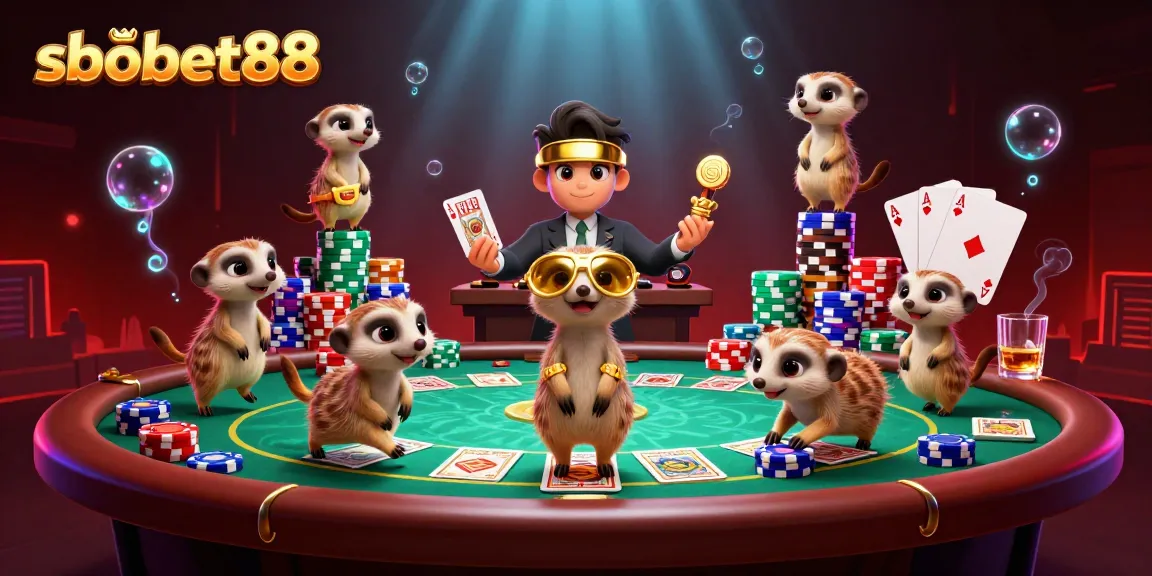 Experience an elaborate casino operation in a vibrant illustration with sbobet88 branding.