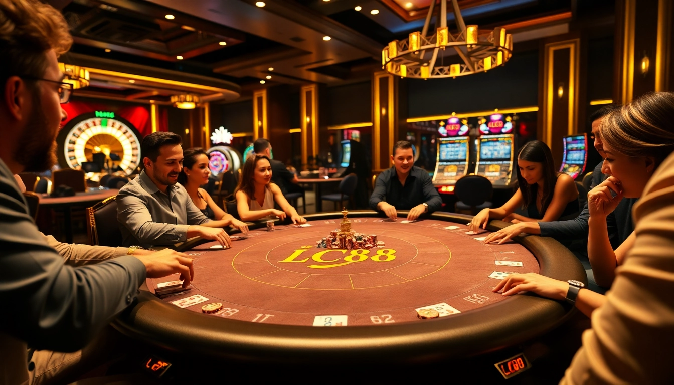 Players engaging in a high-stakes poker game at an upscale LC88 casino table.
