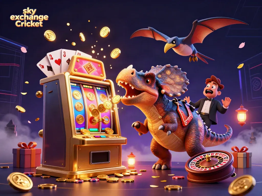 Experience thrilling sky exchange Cricket action as a pachycephalosaurus strikes a slot machine, surrounded by colorful game elements.