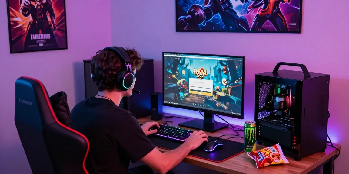 Engaged gamer at Raja Game login screen surrounded by gaming gear and snacks.