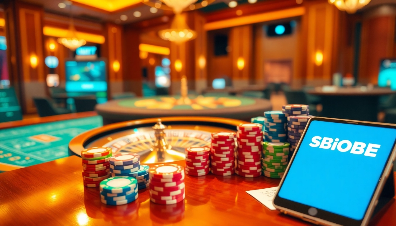 SboBet Login Indonesia: Engaging online gambling scene with betting table, poker chips, and roulette wheel.