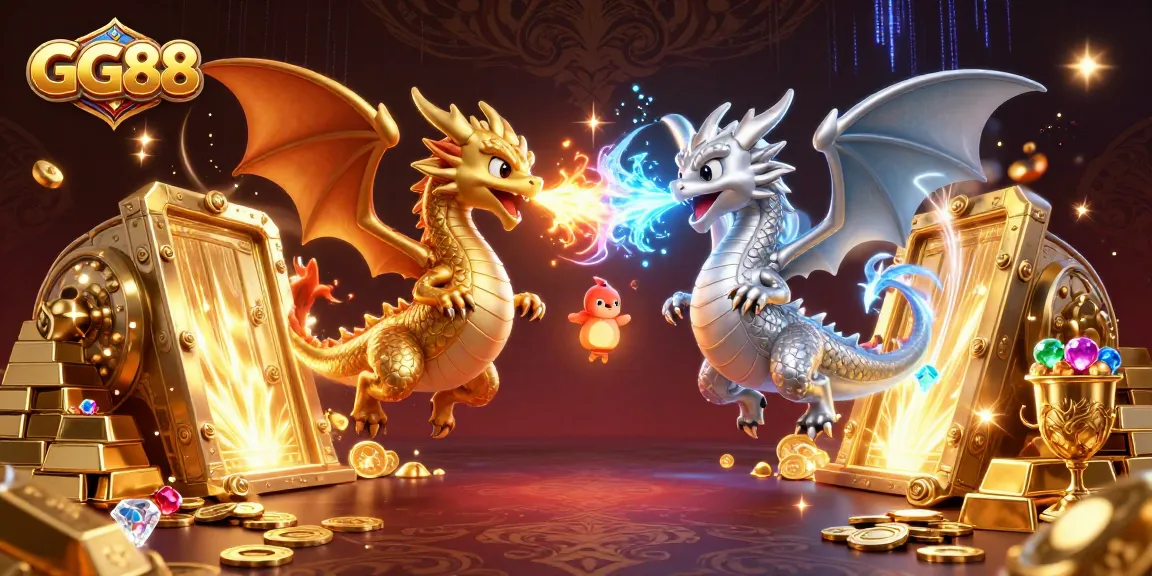 Engage with GG88 as gold and silver dragons entwine amidst treasures in a vibrant casino scene.