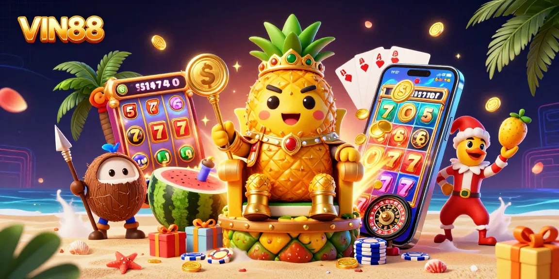 Experience VIN88 as the golden pineapple king rules the beach casino with vibrant slot game action.
