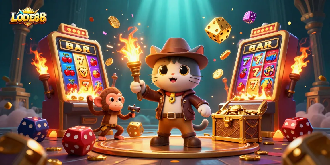 Experience the excitement of LODE88 with a dynamic casino-themed illustration featuring vibrant game elements.