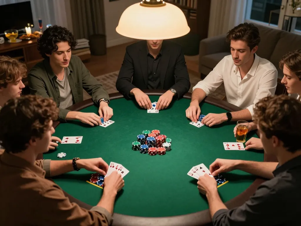 Engaged friends playing poker at home, showcasing strategy and entertainment in btopcshop.