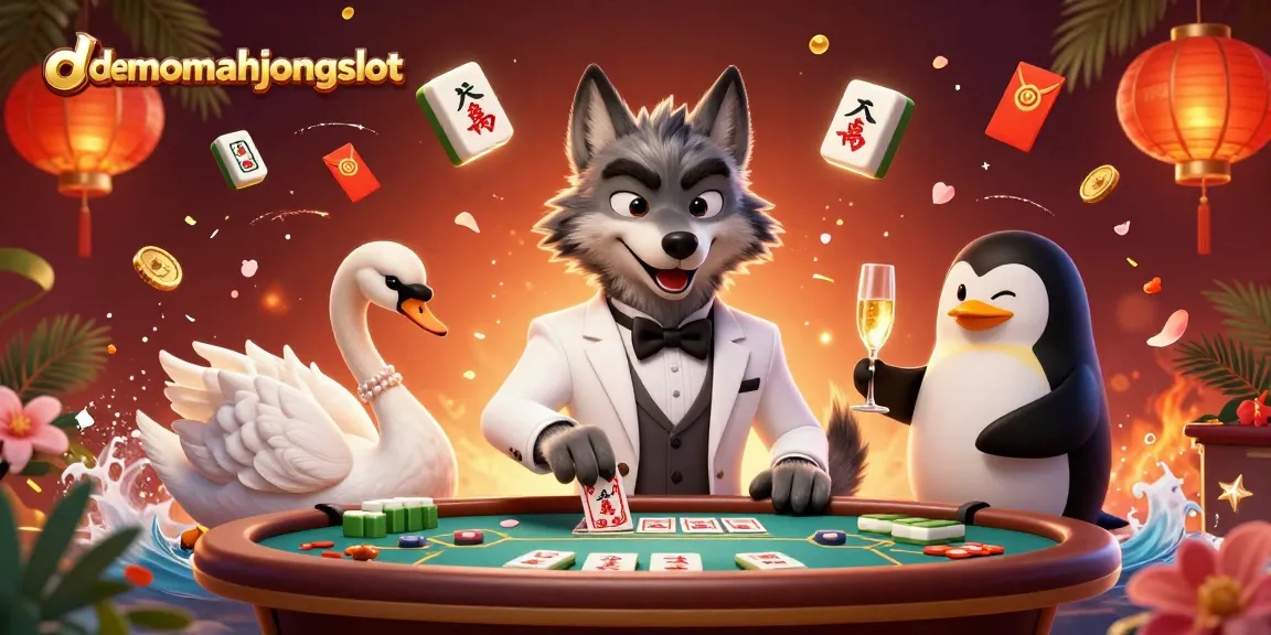 Experience demomahjongslot with a vibrant 3D casino scene featuring a stylish wolf and elegant swan.