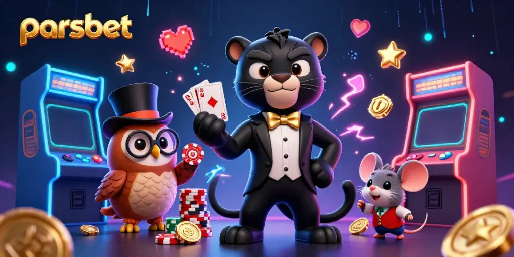 Parsbet ile kartları zarifçe dağıtan şık kara panterin olduğu eğlenceli bir casino sahnesi.