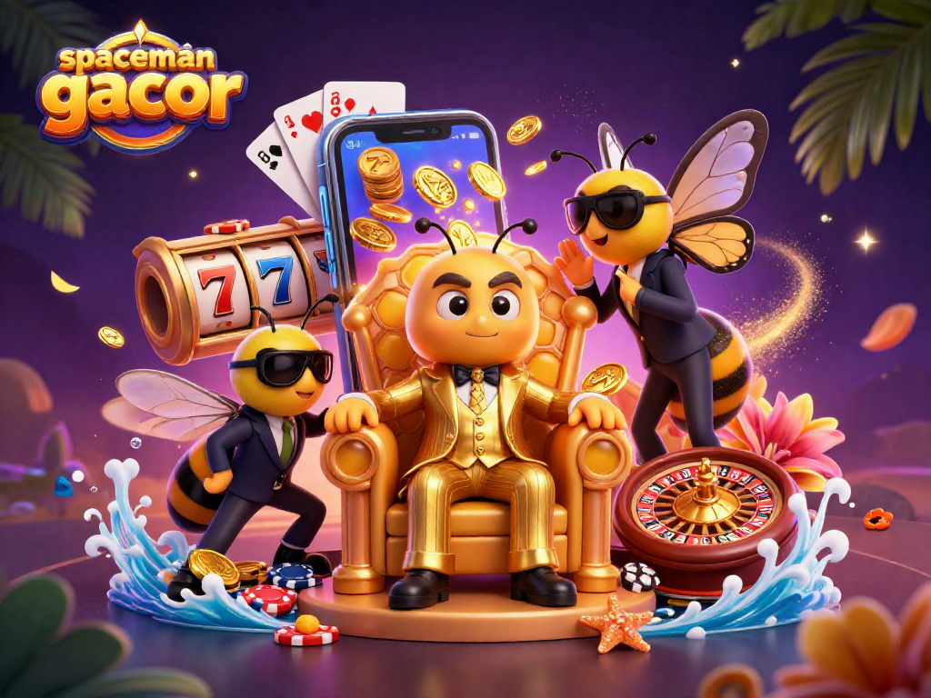 Experience the excitement of spaceman gacor with dynamic slot reels and captivating characters in this rich casino illustration.