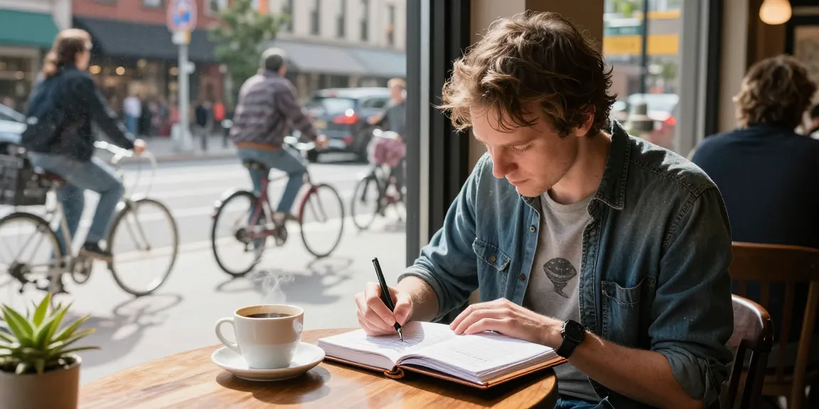 A captivating scene at https://tallengreenfield.com showcasing T Allen Greenfield writing in a café, with UFOnauts and a coffee.