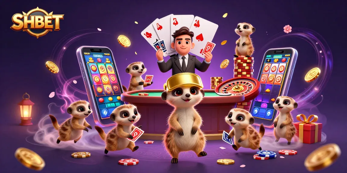 Experience SHBET’s thrilling casino environment with an animated meerkat colony playing games and managing bets.