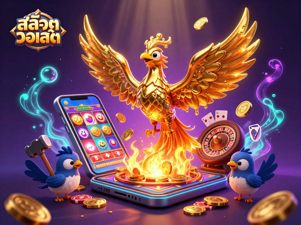 Spin the reels with สล็อตวอเลท as golden coins and excitement erupt in this dynamic casino illustration.