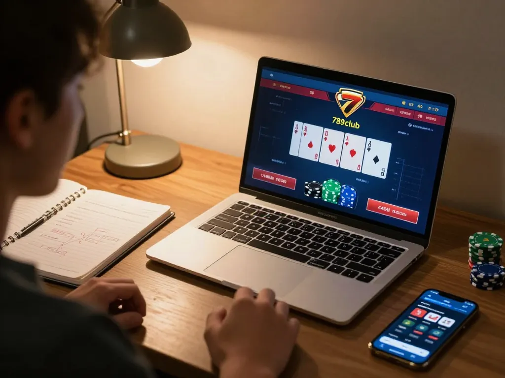 Player engaging with 789club online poker on laptop, showcasing strategic gameplay at home.