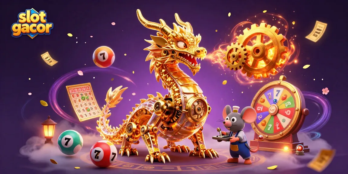 Experience thrilling slot gacor wins with this dynamic illustration showcasing vibrant game elements and a golden dragon.
