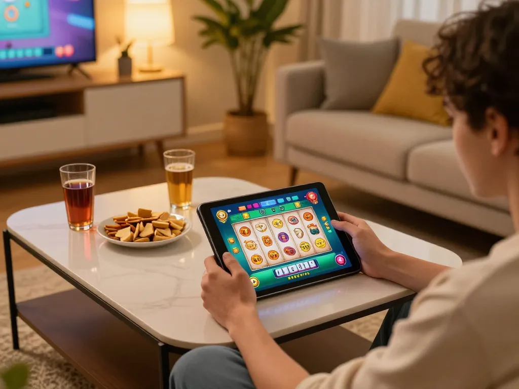 Engaged player enjoying slot mahjong on a tablet in a cozy home setting with snacks.