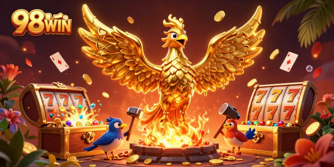 Engage with 98WIN's immersive casino scene featuring a molten gold phoenix and dynamic slot elements.