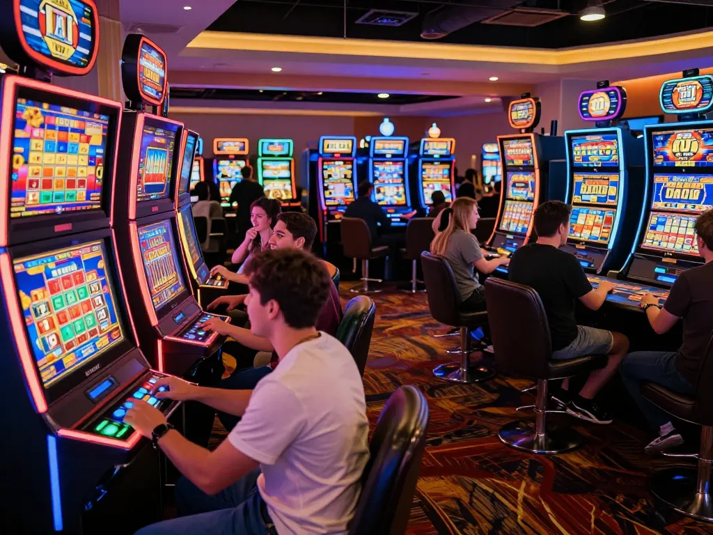 situs slot gacor players enjoying vibrant slot machine area with colorful displays and excitement
