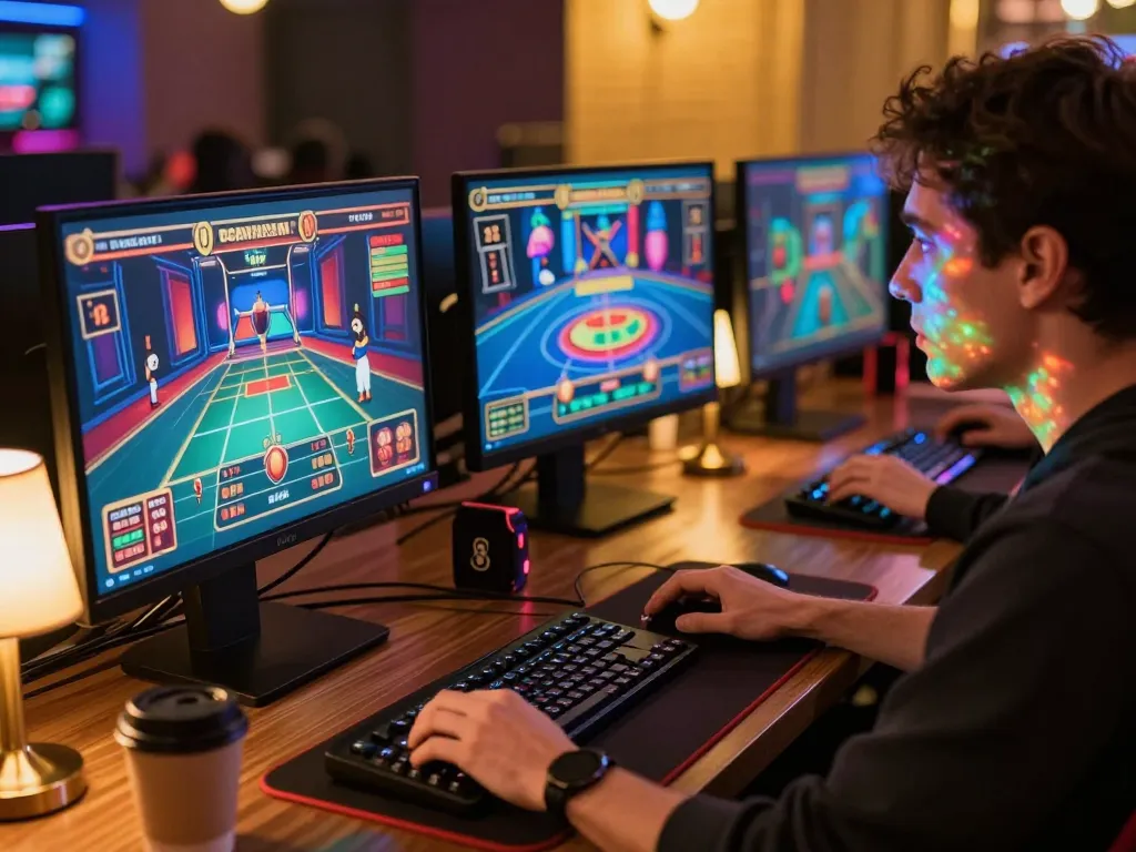 Player engaging with 56WIN casino interface on multiple screens in a focused setting.