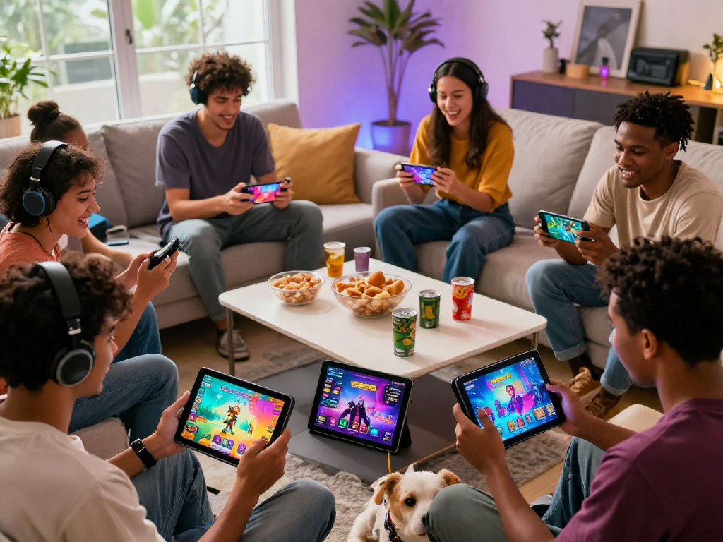 Friends enjoying free mobile porn games together in a cozy living room.