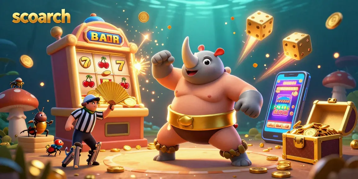 Scoarch showcases a vibrant scene of a sumo champion beetle amidst a casino explosion of golden coins, showcasing a thrilling gambling atmosphere.