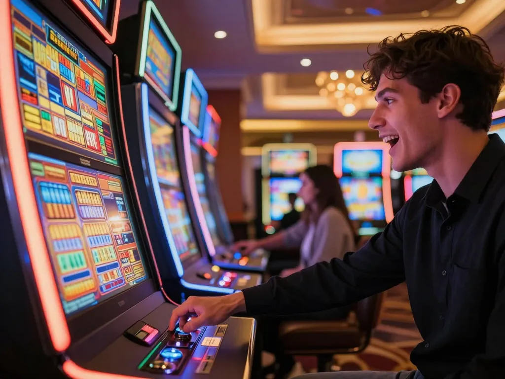 Excited player engaging in Tr88 đăng nhập at vibrant slot machine in modern casino.