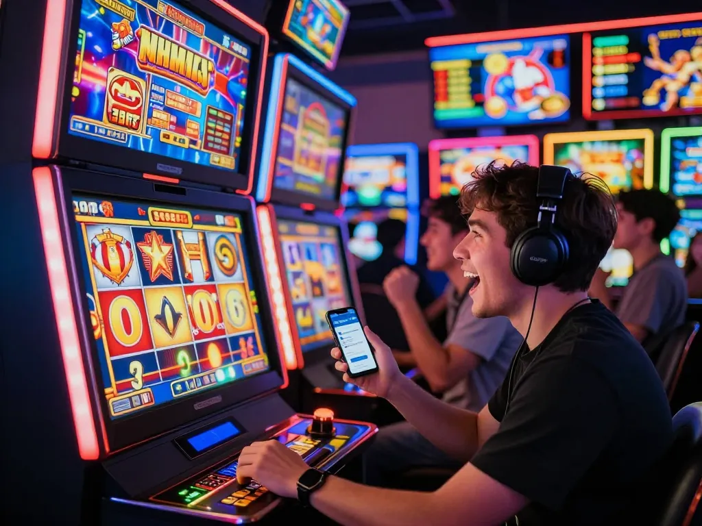 Pemain yang terlibat menikmati permainan link slot gaco dengan mesin slot yang cerah dan kegembiraan di kasino online.