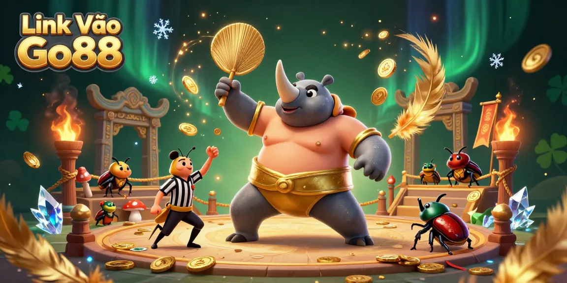 Link Vào Go88 features a celebrated beetle champion in a casino scene filled with flying coins and excitement.