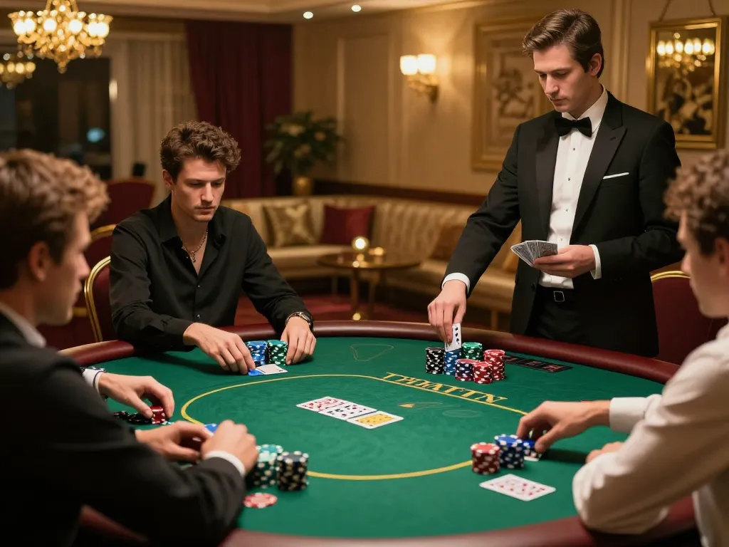 Leci123 poker game showing intense players strategizing their bets in a luxurious casino environment.