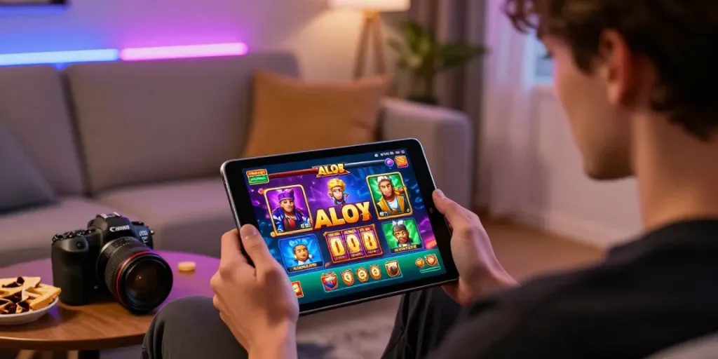 Interactive online gaming session with ALO8 on tablet, showcasing colorful graphics and vibrant atmosphere.