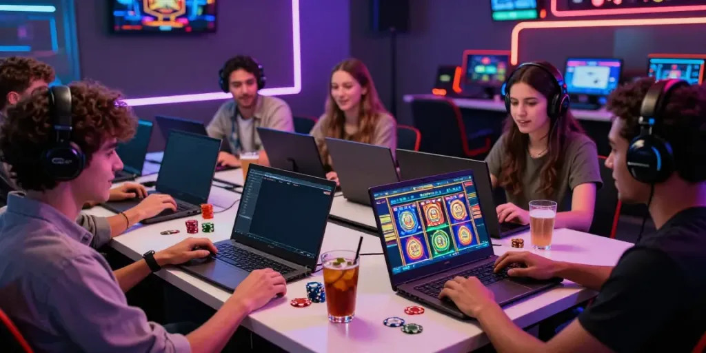 A dynamic online gaming environment representing akunjp with friends enjoying immersive slot games.