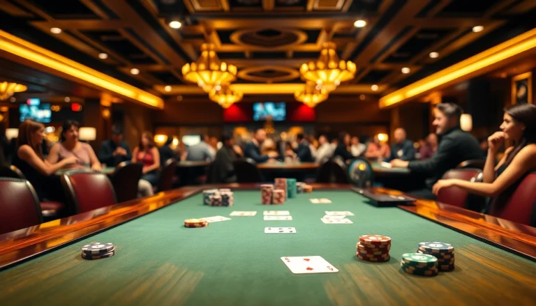 Engage in thrilling gameplay at a Casino poker table surrounded by excitement.
