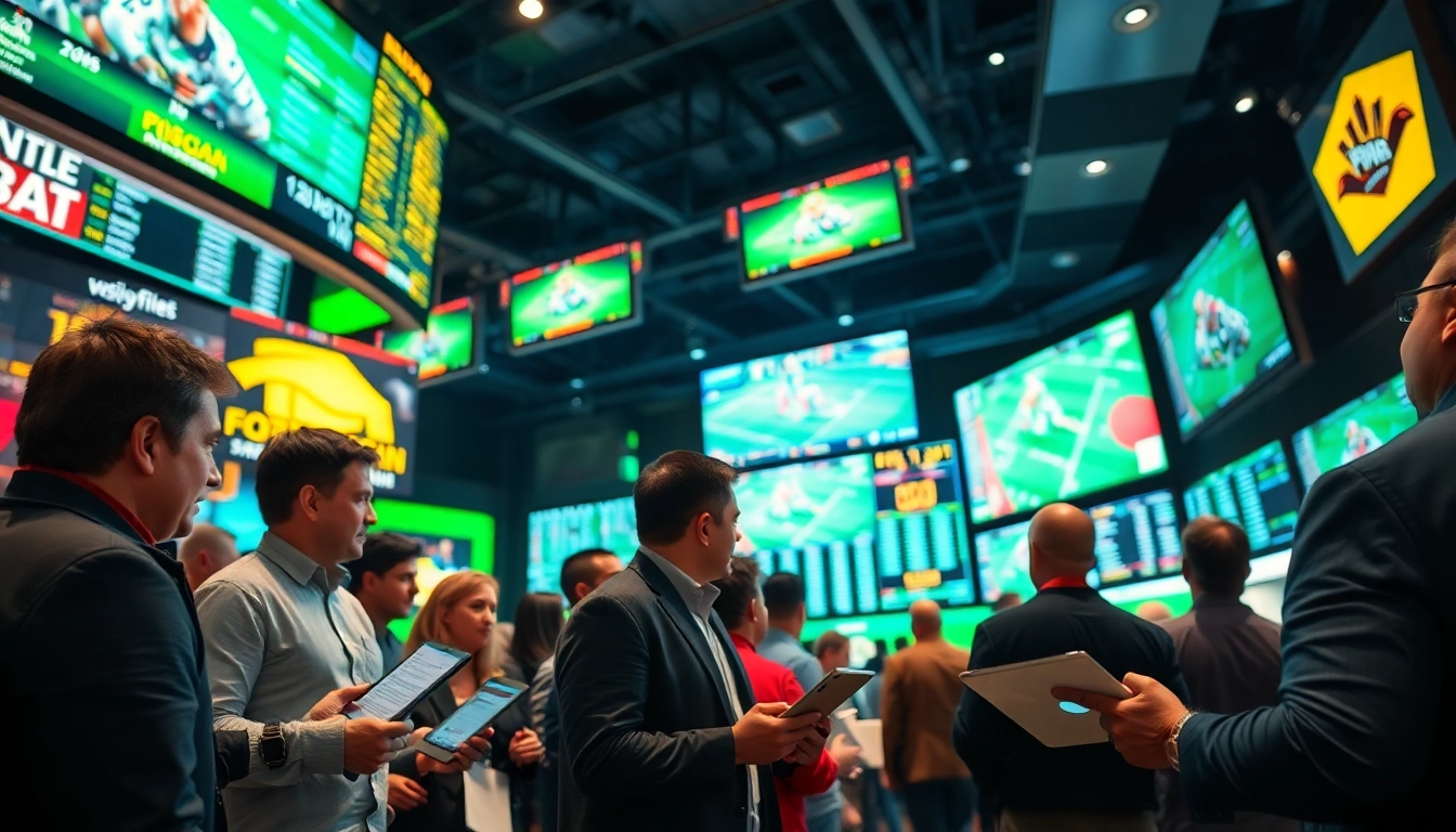 Engage in thrilling Sports Betting with bettors analyzing odds and live events in a vibrant sportsbook.