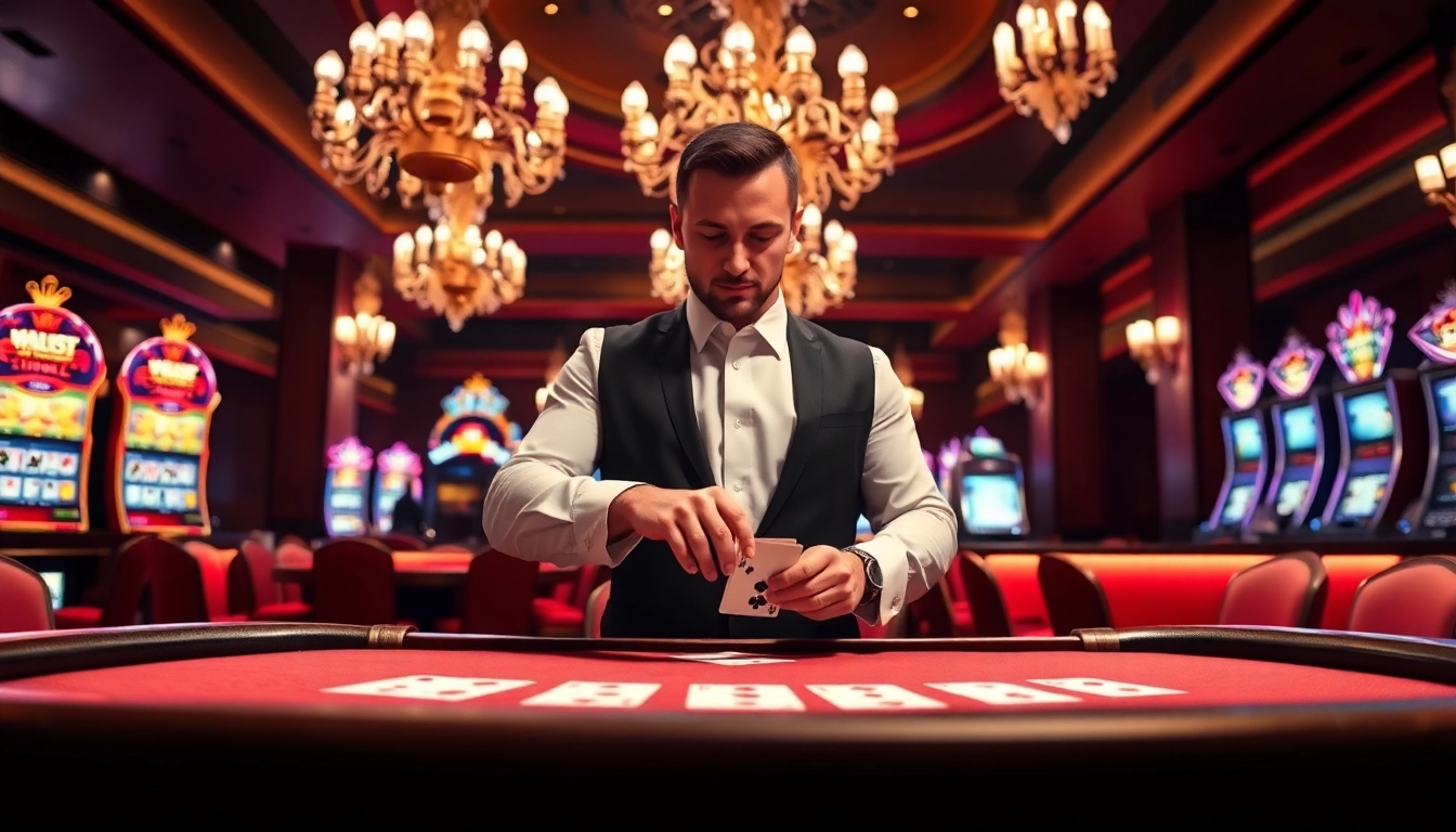 Engaging scene of a Blackjack Casino with a professional dealer and stylish decor.