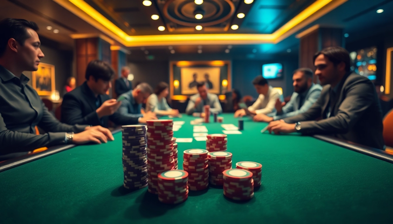 Engaged players in a Poker Game at a luxurious casino table with vibrant chips and cards