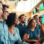 Engaged individuals participating in online Betting with vibrant screens and energetic atmosphere.