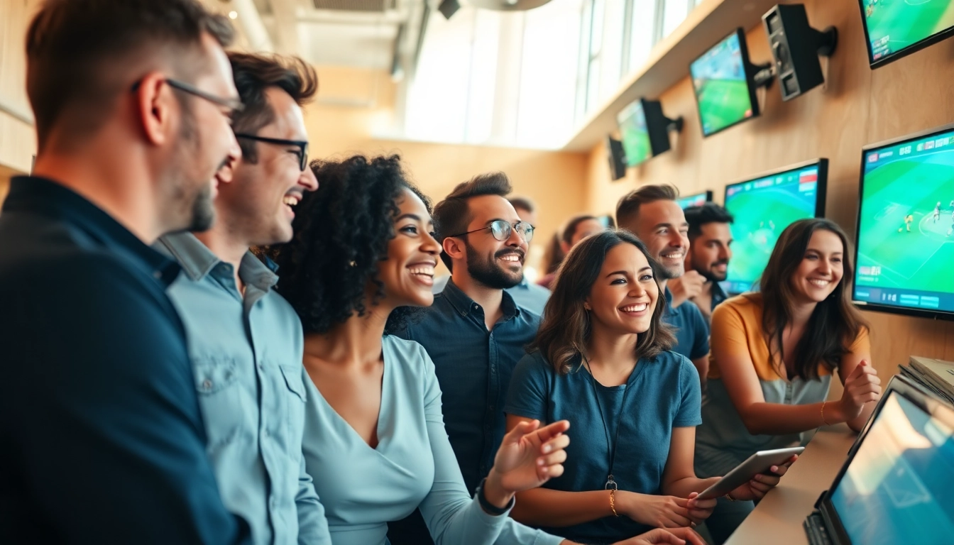 Engaged individuals participating in online Betting with vibrant screens and energetic atmosphere.