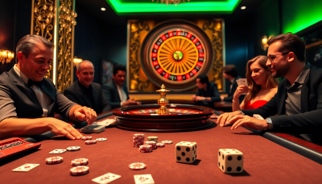 Players engaging in a thrilling casino game at PH222, showcasing vibrant poker chips and a roulette wheel.
