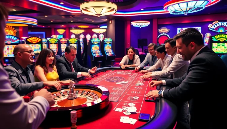 Players enjoying a thrilling game at BK8TH casino, featuring poker chips and a roulette wheel.